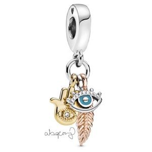EUC Pandora 768785C01 Silver/Gold/Rose Hamsa Hand, Eye & Feather Dangle Charm